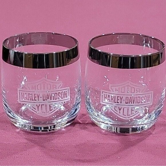 Vintage Harley Davidson Whiskey Glasses Roly Poly Rocks Tumblers MCM Platinum - Picture 1 of 7